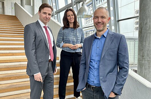 Professoren Sauerland, Steidle und Englert vom Institut für Organisation, Personal und Arbeit der HVF stehen auf einer Treppe.