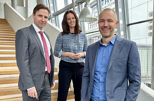 Professoren Sauerland, Steidle und Englert vom Institut für Organisation, Personal und Arbeit der HVF stehen auf einer Treppe.