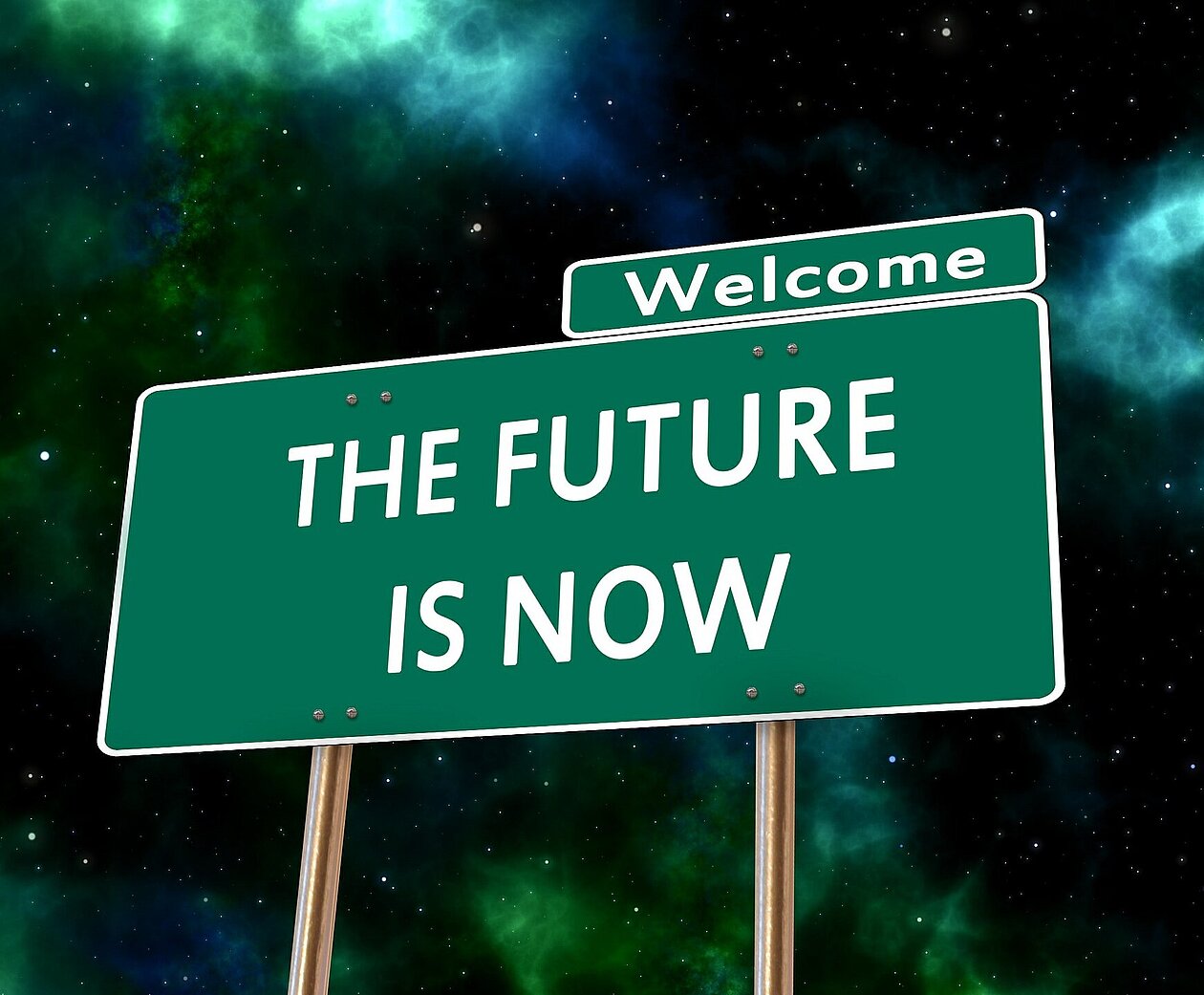 das Bild enthält den Text "Welcome" und "The future is now"