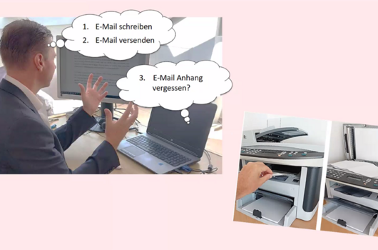 Illustration von Bürofehlern: Gedanke an vergessenen E-Mail-Anhang, Szenen vom Original im Kopierer, Prof. Dr. Martin Sauerland im Videocall.