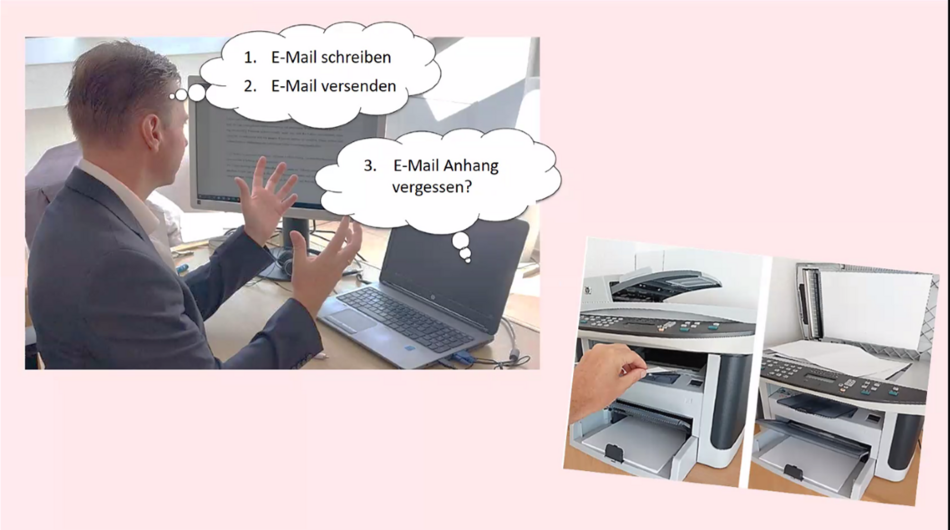 Illustration von Bürofehlern: Gedanke an vergessenen E-Mail-Anhang, Szenen vom Original im Kopierer, Prof. Dr. Martin Sauerland im Videocall.