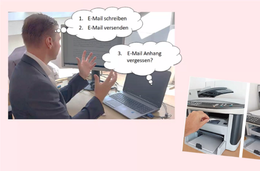 Illustration von Bürofehlern: Gedanke an vergessenen E-Mail-Anhang, Szenen vom Original im Kopierer, Prof. Dr. Martin Sauerland im Videocall.
