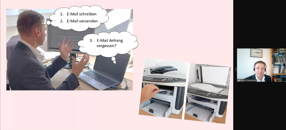 Illustration von Bürofehlern: Gedanke an vergessenen E-Mail-Anhang, Szenen vom Original im Kopierer, Prof. Dr. Martin Sauerland im Videocall.