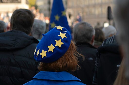 Frau mit blauem EU-Barett in einer Menschenmenge bei einer pro-europäischen Demonstration auf dem Trafalgar Square in London, im Hintergrund sind Gebäude und eine EU-Flagge sichtbar.
